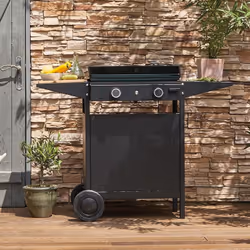 Châssis acier noir Plancha non incluse Revêtement 3 couches Fermé sur les 3 côtés avec rangement bouteille de gaz. 2 tablette ...
