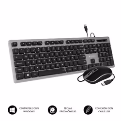SUBBLIM SUBKBC-CEKE50, Avec fil, USB, Clavier à membrane, QWERTY, Noir, Gris, Souris incluse