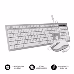 SUBBLIM SUBKBC-CEKE60, Avec fil, USB, Clavier à membrane, QWERTY, Argent, Blanc, Souris incluse