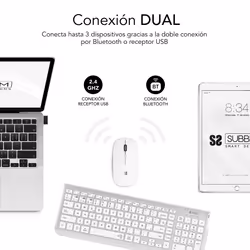 SUBBLIM SUBKBC-DCEP10 clavier Souris incluse RF sans fil + Bluetooth QWERTY Espagnole Argent, Blanc