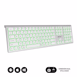 SUBBLIM SUBKB-3MIE300 clavier RF sans fil + Bluetooth QWERTY Espagnole Argent, Blanc