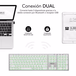 SUBBLIM SUBKB-3MIE300 clavier RF sans fil + Bluetooth QWERTY Espagnole Argent, Blanc