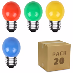 Le Pack 20 Ampoules LED E27 3W 300 lm G45 4 Couleurs est composé d'une Ampoule LED E27 G45 3W en différentes couleurs : rouge ...