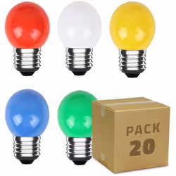 Le Pack 20 Ampoules LED E27 3W 300 lm G45 5 Couleurs est composé d' Ampoule LED E27 G45 3W de différentes couleurs. Elle peut ...