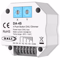 Le Variateur DALI 4 Canaux Compatible avec 4 Boutons Poussoirs est un dispositif qui fonctionne comme un système DALI princip ...