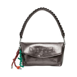 Sac porté épaule - DESIGUAL - Gris métallisé - Anse tressée - Rabat aimanté - Porte-clés décoratif
