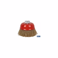 Brosse métallique bouclée M14 en acier plaqué laiton. 0,3 mm Ø Caractéristiques techniques : Diamètre du fil : 0,3 mm Diamètr ...