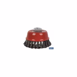 Brosse métallique en coupelle tressée en acier M14. 0,5 mm Ø Caractéristiques techniques : Diamètre du fil : 0,5 mm Diamètre  ...