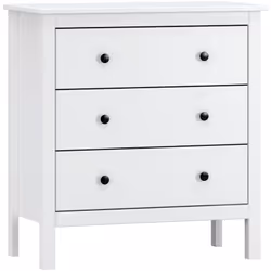 Commode 3 tiroirs en pin massif. Fini en blanc ciré. Guides métalliques pour une ouverture en douceur des tiroirs. Poignées e ...