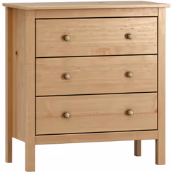 Commode 3 tiroirs en pin massif. Fini en chêne miel ciré. Guides métalliques pour une ouverture en douceur des tiroirs. Poign ...