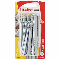Fischer 84335, Kit d'ancrage et de vis, Ciment aéré placé en autoclave, Brique, Béton, Nylon, Gris, Acier zingué, Cruciforme