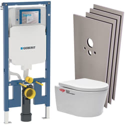 Pack WC Bati Geberit extra-plat + WC Swiss Aqua Technologies sans bride + Abattant + Plaque + habillage (SLIM-SATrimless-F-sabo)