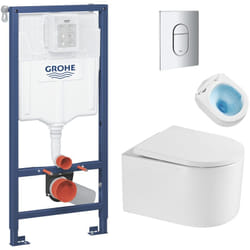 Grohe Pack WC Bâti-support + WC sans bride Tornado Quiet SAT Delano + Abattant softclose + Plaque Chrome