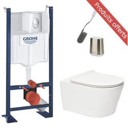 Grohe - Pack wc Bâti autoportant + wc sans bride sat Brevis + Abattant SoftClose + Plaque Chrome + Brosse Joseph Joseph offerte