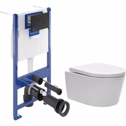 Villeroy & Boch Pack WC Bâti-support sol mur + WC SAT sans bride + Abattant SoftClose + Plaque noire (VCNSAT4)