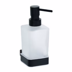 Détail du distributeur à savon Bemeta Nero: Dimensions: 19x13,3x8 cm Capacité : 230 ml / 19 x ø 8cm Matière: laiton noir et v ...