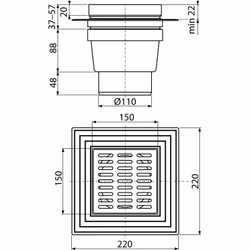Grille de drainage 150×150/110 mm, drain vertical, grille grise, deux niveaux d'isolation, siphon humide