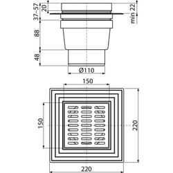 No Brand - Grille de drainage 150x150/110 mm, drain vertical, grille grise, deux niveaux d'isolation, siphon humide