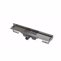 Caniveau de douche pour grilles perforées et bride verticale réglable au mur vidange latérale, hauteur standard caniveau de d ...