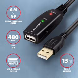 Axagon ADR-215 USB 2.0 A-M -> A-F active extension/repeater cable 15m - Kabel - Digital/Daten câble USB USB A Noir