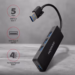 Axagon HUE-G1A hub & concentrateur USB 3.2 Gen 1 (3.1 Gen 1) Type-A 5000 Mbit/s Noir