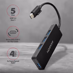 Axagon HUE-G1C hub & concentrateur USB 3.2 Gen 1 (3.1 Gen 1) Type-C 5000 Mbit/s Noir