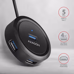 Axagon HUE-P1A hub & concentrateur USB 3.2 Gen 1 (3.1 Gen 1) Type-A 5000 Mbit/s Noir