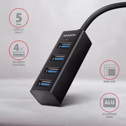 Axagon HUE-M1C hub & concentrateur USB 3.2 Gen 1 (3.1 Gen 1) Type-C 5000 Mbit/s Noir