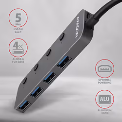 Axagon HUE-MSA Superspeed USB-A Switch Hub 4x USB 3.0 aktiv - 20cm schwarz USB 3.2 Gen 1 (3.1 Gen 1) Type-A 5000 Mbit/s Gris