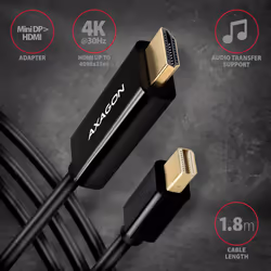 Axagon RVDM-HI14C2 Mini-DisplayPort zu HDMI Adapterkabel 4K/30 Hz 180 cm lang - Kabel - Digital/Display/Video 1,8 m Mini DisplayPort Noir