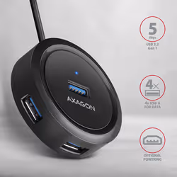 Axagon HUE-P1AL hub & concentrateur USB 3.2 Gen 1 (3.1 Gen 1) Type-A 5000 Mbit/s Noir