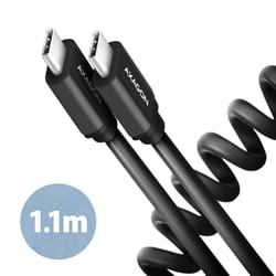 Axagon Data and charging USB 2.0 cable 1.1 m long. PD 60W, 3A. Black twisted. câble USB 1,1 m USB C Noir