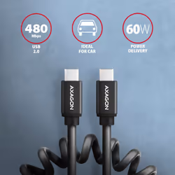 Axagon Data and charging USB 2.0 cable 1.1 m long. PD 60W, 3A. Black twisted. câble USB 1,1 m USB C Noir