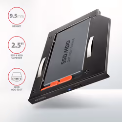 Axagon RSS-CD09 2.5 SSD/HDD caddy into DVD slot 9.5 mm LED ALU carte et adaptateur d'interfaces Interne SATA
