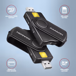 Axagon CRE-SMP2A USB Smart card & SD/microSD/SIM PocketReader lecteur de cartes à puce Intérieure USB 2.0 Noir