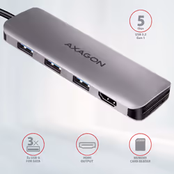 Axagon HMC-HCR3A 3x USB-A+ HDMI+ SD/microSD USB-C 3.2 Gen 1 hub 20cm Avec fil USB 3.2 Gen 1 (3.1 Gen 1) Type-A Gris