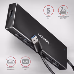 Axagon HUE-F7A 7x USB 3.2 Gen 1 ALU FLAT hub micro power IN 1m USB-A USB 3.2 Gen 1 (3.1 Gen 1) Type-A 5000 Mbit/s Noir