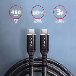 Axagon Data and charging USB 2.0 cable 1.5 m long. PD 60W, 3A. Black braided. câble USB 1,5 m USB C Noir