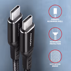 Axagon Data and charging USB 2.0 cable 1.5 m long. PD 60W, 3A. Black braided. câble USB 1,5 m USB C Noir