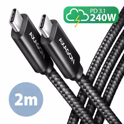Axagon BUCM2-CM20AB Ladekabel USB-C zu USB-C 2.0, 2 m, PD 240 W 5 A, ALU - Schwarz - 2 Meter langes USB-C zu USB-C Kabel - Da ...