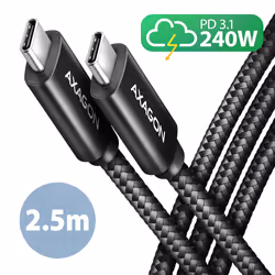 Axagon BUCM2-CM25AB Ladekabel USB-C zu USB-C 2.0, 2,5 m, PD 240 W 5 A, ALU - Schwarz - 2,5 Meter langes USB-C zu USB-C Kabel, ...