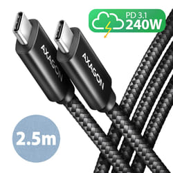 Axagon BUCM2-CM25AB Ladekabel USB-C zu USB-C 2.0, 2,5 m, PD 240 W 5 A, ALU - Schwarz - 2,5 Meter langes USB-C zu USB-C Kabel câble USB USB 2.0 USB C Noir