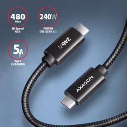 Axagon BUCM2-CM25AB Ladekabel USB-C zu USB-C 2.0, 2,5 m, PD 240 W 5 A, ALU - Schwarz - 2,5 Meter langes USB-C zu USB-C Kabel câble USB USB 2.0 USB C Noir