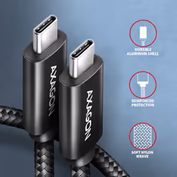 Axagon BUCM2-CM25AB Ladekabel USB-C zu USB-C 2.0, 2,5 m, PD 240 W 5 A, ALU - Schwarz - 2,5 Meter langes USB-C zu USB-C Kabel câble USB USB 2.0 USB C Noir