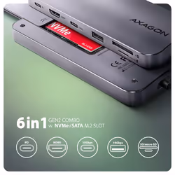 Axagon HMC-6GM2 USB 10Gbps hub USB-A USB-C HDMI M.2 SD/mSD PD 100W USB-C Avec fil USB 3.2 Gen 2 (3.1 Gen 2) Type-C Gris
