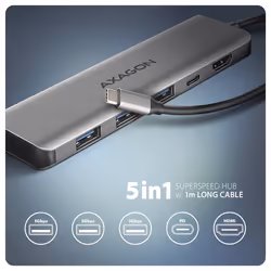 Axagon HMC-5H USB-C 3.2 Gen 1 hub 3x USB-A 4K HDMI PD 100W - Silber Avec fil USB 3.2 Gen 1 (3.1 Gen 1) Type-C Argent
