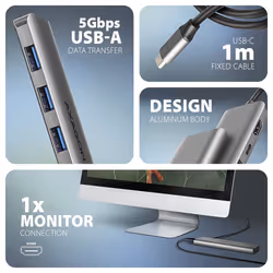 Axagon HMC-5H USB-C 3.2 Gen 1 hub 3x USB-A 4K HDMI PD 100W - Silber Avec fil USB 3.2 Gen 1 (3.1 Gen 1) Type-C Argent
