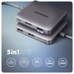 Axagon N HMC-5HL USB 5Gbps hub 2x USB-A HDMI 4k/60Hz RJ-45 GLAN PD 100W kabel USB-C Avec fil USB 3.2 Gen 1 (3.1 Gen 1) Type-C Argent