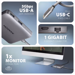 Axagon N HMC-5HL USB 5Gbps hub 2x USB-A HDMI 4k/60Hz RJ-45 GLAN PD 100W kabel USB-C Avec fil USB 3.2 Gen 1 (3.1 Gen 1) Type-C Argent