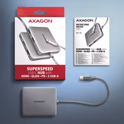 Axagon N HMC-5HL USB 5Gbps hub 2x USB-A HDMI 4k/60Hz RJ-45 GLAN PD 100W kabel USB-C Avec fil USB 3.2 Gen 1 (3.1 Gen 1) Type-C Argent - Vue supplémentaire 6